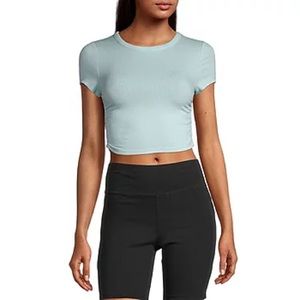 Flirtitude baby blue short sleeve cropped rib knit shirt